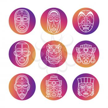 Bright icons with white african tribal vodoo masks of set. Vector illustration
