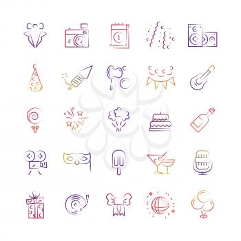 Event, party, birthday bright outline icons of set isolated on white. Vector illustration