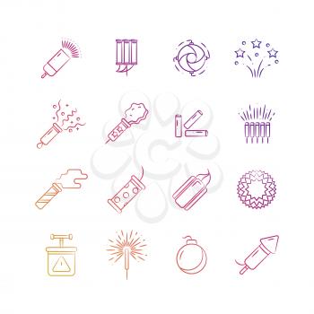 Bright holiday pyrotechnic line vector icons. Festival fireworks elements design. Firework for festival event, firecracker explosion, celebrate party illustration