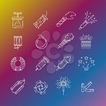 Fireworks, pyrotechnic chalk drawing icons on colorful background. Vector illustration