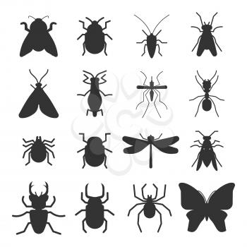 Popular insects silhouette icons isolated on white background. Vector illustration