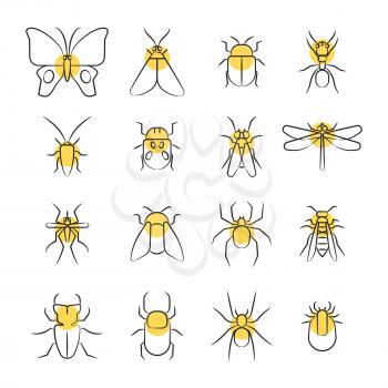 Sketch linear insect icons with yellow details isolated on white. Vector illustration