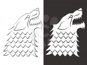 Heraldic style wolf head design. Line and silhouette wolf. Vector illustration