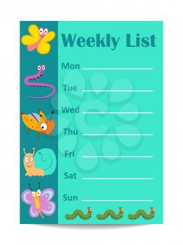 Kids weekly list with cartoon insects butterfly snail. Vector illustration