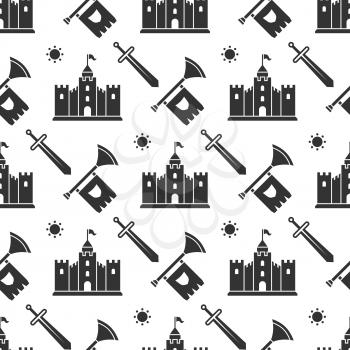 Swords, medieval castle, sword and tube seamless background pattern design. Vector illustration