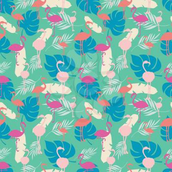Bright colored tropical summer seamless pattern with flamingo and plants. Vector illustration