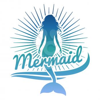 Colorful mermaid silhouette. Vector logo or label with mermaid and sun. Woman silhouette, siren drawing illustration