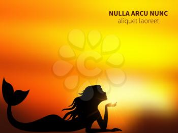 Romantic mermaid silhouette on sunrise. Magic shine background. Vector illustration