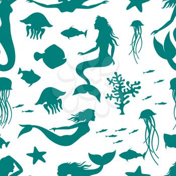Underwater world seamless background pattern. Mermaid and fishes seamless texture. Vector illustration