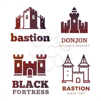 Medieval castle and knight fortress vector ancient royal logo set isolated on white. Vector illustration