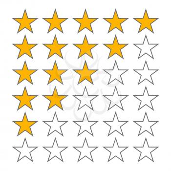 Row of five stars rate. 5 star rating vector icons isolated on white background. Star in row, review and ranking illustration