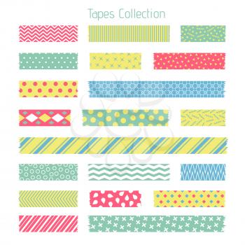 Scotch with trendy geometric pattern. Adhesive tape for scrapbook vector set. Sticker patterned, trendy polka stripe illustration