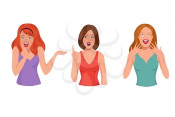 Surprised pretty woman. Astonished laughing girl cartoon vector set. Female face emotion, facial girl illustration