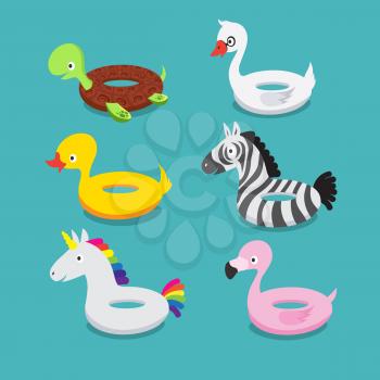 Swimming pool floats, inflatable animals flamingo, duck, unicorn, zebra, turtle, swan rubber toys vector set