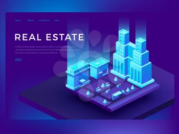 Real estate web site design with 3d isometric buildings. Smart city technology vector business innovation concept. Urban cityscape innovation illustration