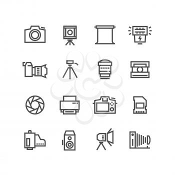 Camera on tripod, photo lens and photography equipment line vector icons isolated on white background. Photography and photo equipment with tripod illustration