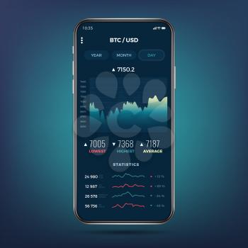 Trade exchange app on phone screen. Mobile banking cryptocurrency ui. Online stock trading interface vector eps 10. Illustration of mobile banking crypto currency, bitcoin and dollar