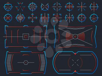 Futuristic hightech virtual screen design. Computer systems hud panel with tracking aim frames vector set. Illustration of gui interactive, crosshair visual aim