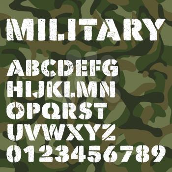 Old military alphabet, bold letters and numbers on army green camouflage background. Stencil vector font. Vector alphabet typeface, army military letters and typeset illustration