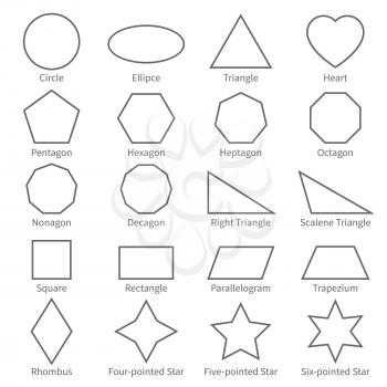 Basic geometric outline flat shapes. Educational geometry vector diagram for kids. Vector square and rectangle, ellipse and triangle illustration