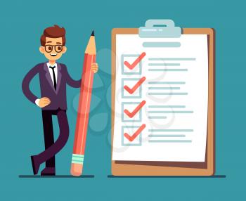 Businessman holding pencil at big complete checklist with tick marks. Business organization and achievements of goals vector concept. Check list with tick mark, businessman with questionnaire