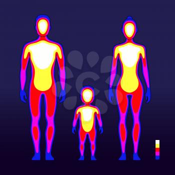 Male and female body warmth in infrared spectrum. Human temperature schematic vector illustration. Human thermography and thermogram medical camera