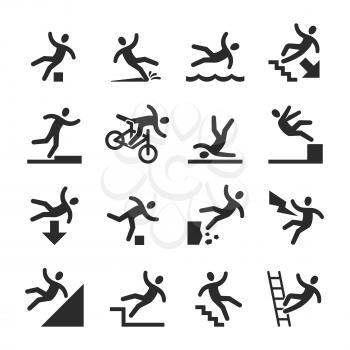 Stick figure man falling beware, hazard warning symbols. Person injury at work vector signs isolated. Illustration of figure man, accident and risk