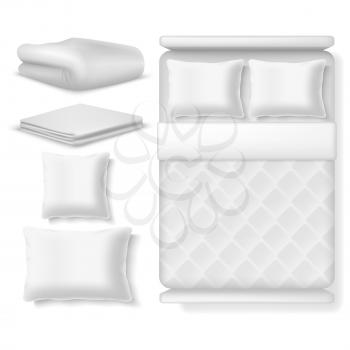 Blank white realistic bedding top view. Bed with blanket, pillow, linen and folded towel. Vector illustration isolated. Bedroom with pillow and comfortable blanket