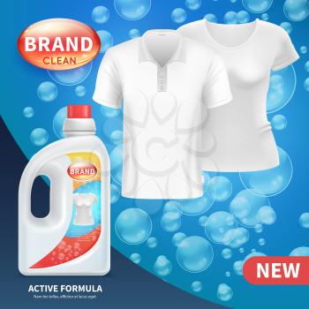Plastic bottle with clean laundry detergent. Advertising vector background. Illustration of detergent product bottle advertising banner