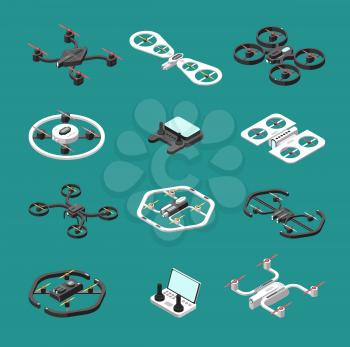 Isometric 3d drones. Uav unmanned aircrafts vector set. Illustration of quadrocopter remote, transport quadcopter equipment