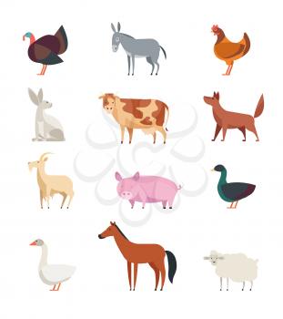 Cartoon farm animals and birds vector set isolated. Sheep, goat, cow, donkey, horse, pig, duck, goose, rooster and rabbit. Farm animal goat and horse, rooster and rabbit, duck and pig illustration