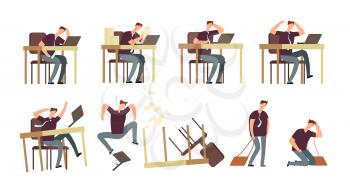 Unhappy businessman in office. Angry, upset and stressed persons, employees vector characters isolated. Businessman worker unhappy and tired, angry and sad illustration