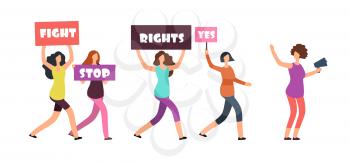 Women protesters walking on manifestation. Feminism, womens rights and protest vector concept. Illustration of woman demonstration and protest, walking with banner and poster