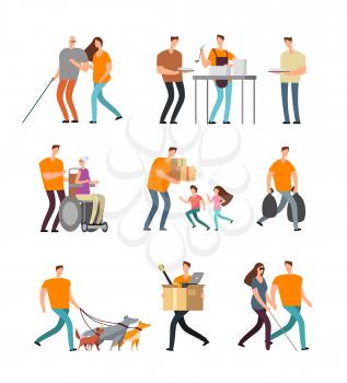 Young volunteers help to disabled and old people. Volunteer walking with dog, babysitting and assistance. Vector characters set. Illustration of care old person, assistance and helping