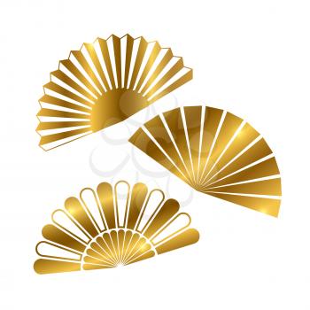 Golden hand fan of set isolated on white background. Vector illustration