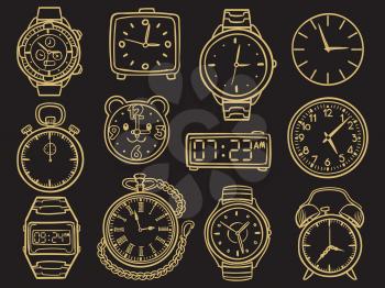 Hand drawn golden wristwatch, doodle sketch watches, alarm clocks and timepiece isolated on black background. Vector illustration