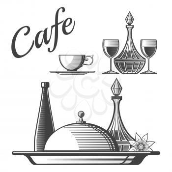 Engraving style cafe, restaurant elements - vector cup, wine glasses, dishes illustration