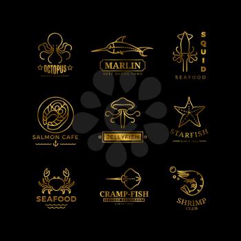 Golden seafood labels thin line vector labels, logos, emblems isolated on black background illustration
