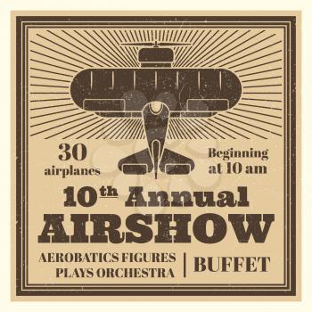 Vintage airshow poster or advertising label with airplane and grunge effect. Vector illustration