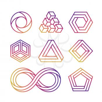 Colorful impossible vector shapes thin line minimal style isolated on white background illustration