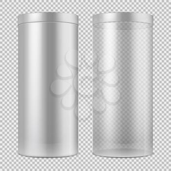 Realistic 3d empty transparent glass jar and and white can with lid. Package for food, cookies and gifts vector template isolated. Container object design isolated on translucent illustration