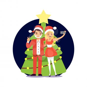 Cartoon character couple in Santa clothers taking selfie. Christmas party vector illustration. Man and woman happy new year