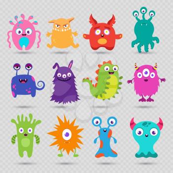 Cute cartoon baby monsters vector isolated on transparent background. Monster baby, alien or beast collection, face cyclop illustration