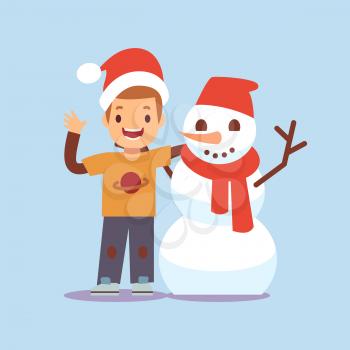 Happy boy and snowman. Christmas party cartoon characters vector illustration isolated on blue