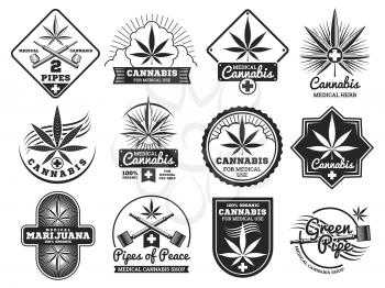 Hashish, rastaman, hemp, cannabis, marijuana vector logos and labels set isolated on white illustration