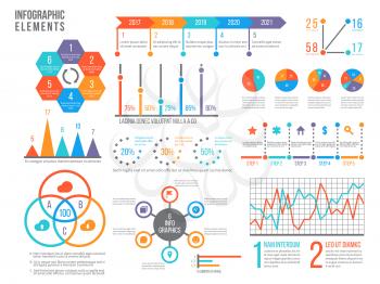 Infographics elements. Statistics chart, option flowchart and timeline. Diagram, budget graph. Business presentation vector graphics. Flowchart template, timeline and circle graph illustration