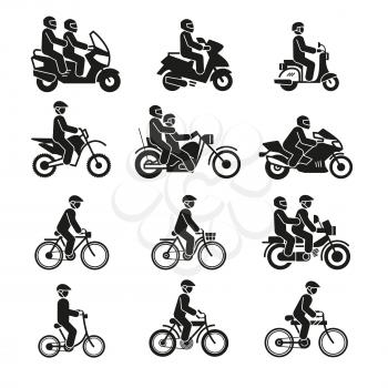 Motorcycles and bicycles icons. Moto vehicles with persons biker and cyclist vector pictograms isolated on white background. Illustration of motorcycle transport, bike and bicycle