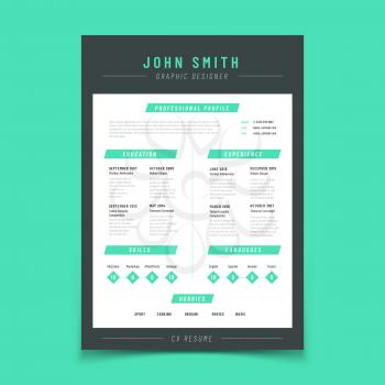 Resume letter. Personal cv sample with professional vitae and curriculum vector template. Resume form cv sample, education and skill, language and hobby illustration