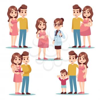 Happy pregnancy. Pregnant woman mom, man father and healthy lovely newborn baby. Young family cartoon vector characters set. Illustration of mother pregnancy, pregnant mom, father with baby mother