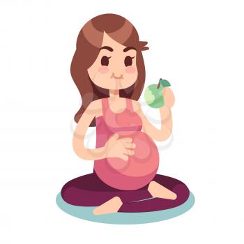 Pregnancy diet concept. Pregnant eating apple in lotus pose. Healthy food and fitness lifestyle vector illustration. Pregnant female, pregnancy woman diet